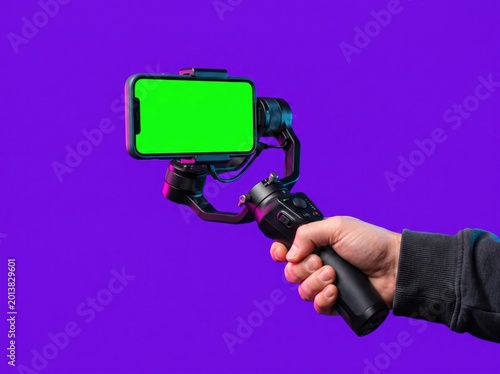 Hand holding camera gimbal with smartphone for travel vlogging isolated on purple background