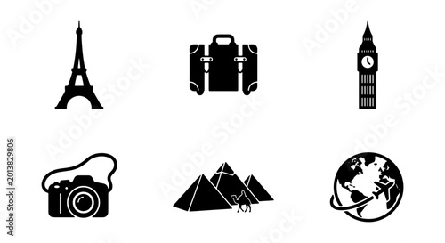 Travel Icons Set: Eiffel Tower, Suitcase, Big Ben, Camera, Pyramids, Globe, Vector Graphics for Tourism and Exploration
