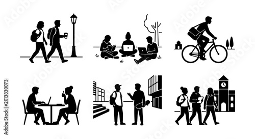 Student Life Vector Icons: Campus Activities, Study, Commute, Socializing, 6 Elements