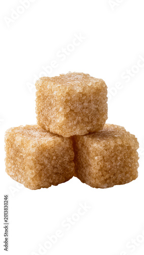 Foto Isolated brown sugar cubes stacked, delicious sweet crystals for coffee and baking