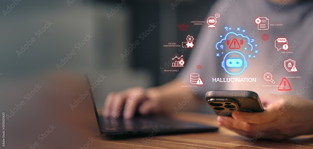Fototapeta premium Hallucinate of artificial intelligence shows error and incorrect or misleading information with fake data on a digital screen caused by an inaccurate glitch in the algorithm.