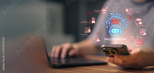 Hallucinate of artificial intelligence shows error and incorrect or misleading information with fake data on a digital screen caused by an inaccurate glitch in the algorithm.