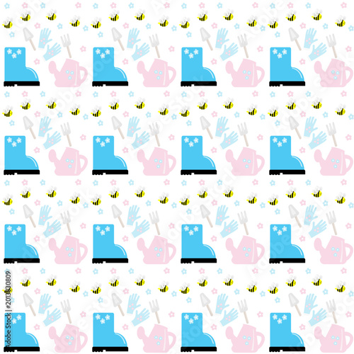 Pattern of blue rubber boots, gloves, garden tools, bees, and flowers. Vector illustration