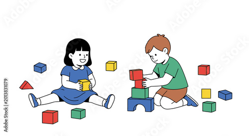 Children play with colorful blocks isolated on white background illustration