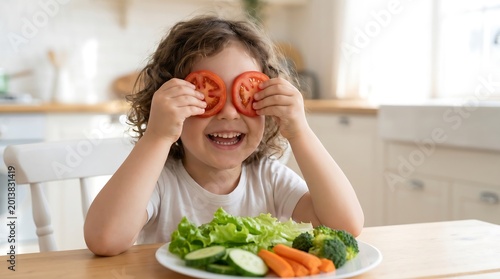 Child holding tomato slices over eyes at dining table in bright domestic kitchen