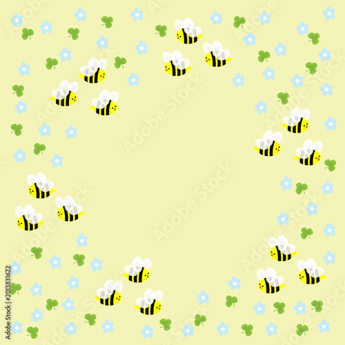A frame with funny bees and blue forget-me-not flowers highlighted on a yellow background