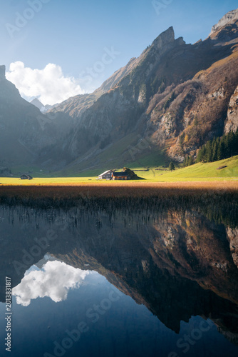 Switzerland alpine mountain scenery at Seealpsee lake, Appenzellerland region, Switzerland