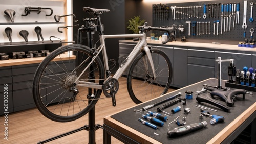 Bike repair shop with tools and a bicycle being serviced on a workbench with various tools scattered around the workspace