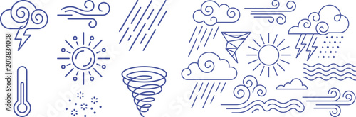 Photos Diverse vector set of line art weather forecast icons, including sun, clouds, ra