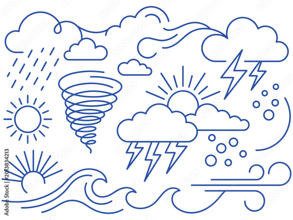 Fototapeta premium Set of weather icons and symbols representing diverse atmospheric conditions and natural phenomena, from sunny skies to stormy weather