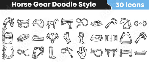 Photos Collection of various horse riding equipment in a hand drawn style