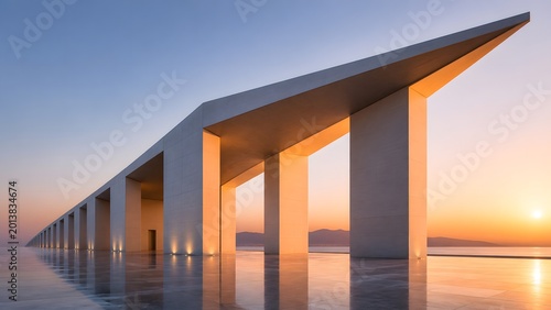Luxury architectural walkway with tall rectangular columns glowing in golden evening light