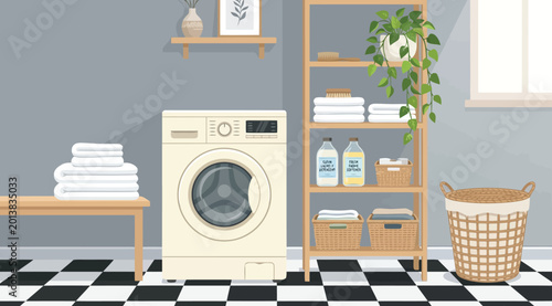 Foto Laundry room interior with washing machine, shelves, and laundry basket