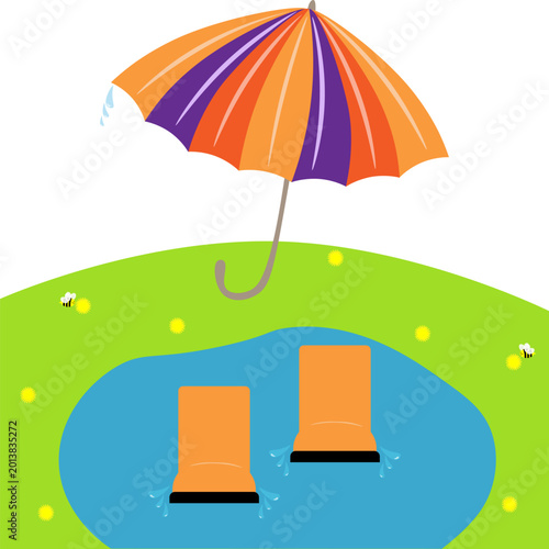 On a spring lawn, in a puddle, a pair of funny orange children s rubber boots with a colorful umbrella and water droplets. Vector illustration
