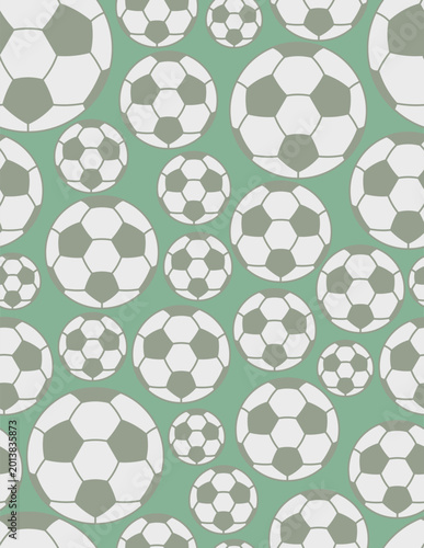 Football seamless vector pattern, randomly arranged green and white soccer balls on a green background, flat style, repeating sports print