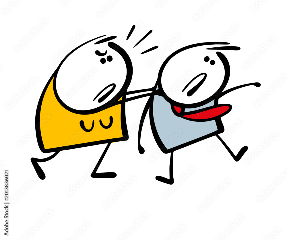 Fototapeta premium Cartoon aggressive woman attacked her husband, shaking him, strangling him. Vector illustration of the abuser and the victim, domestic violence. Doodle feminist threatens businessman.