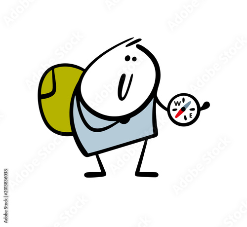 Stickman, a cartoon traveler, looks at a large wrist compass and navigates in space. A tourist with a backpack got lost, looking for a direction in the forest. Doodle funny character on vacation.