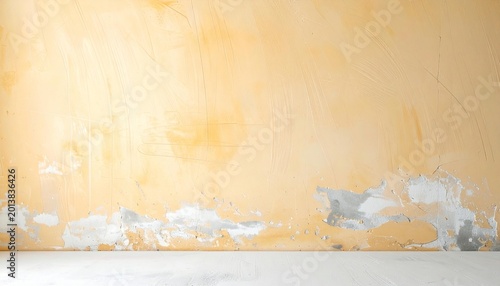 Abstract yellow wall with peeling paint and concrete floor.