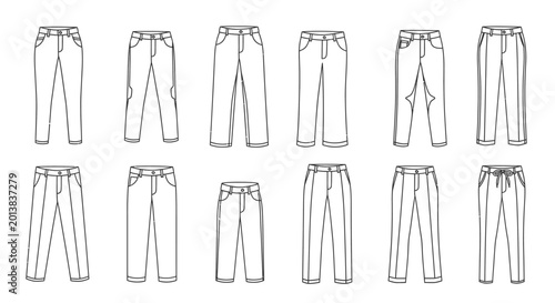 Variety of outlined jeans styles and designs on white background