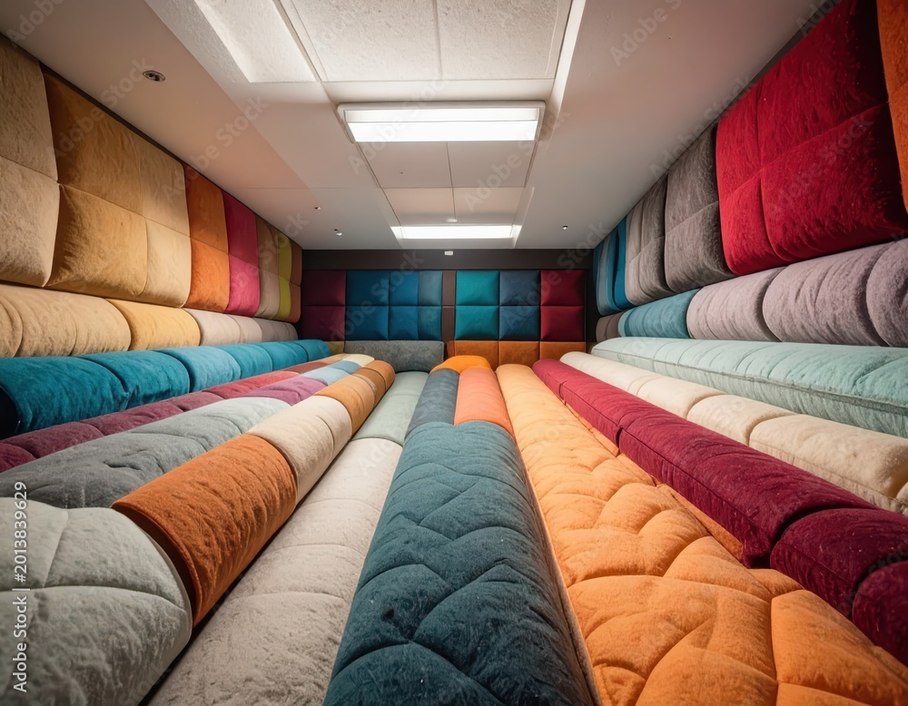 Fototapeta premium Colorful quilted fabric rolls stacked in a modern showroom, interior design inspiration