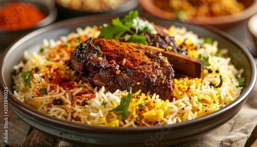 Traditional mandi rice with roasted lamb and Arabian spices, authentic Middle Eastern feast, high detail