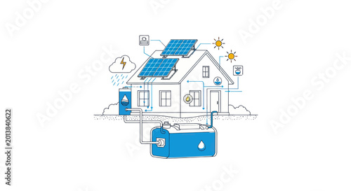 Obraz na plátně Sustainable smart home illustration with solar panels and rainwater harvesting