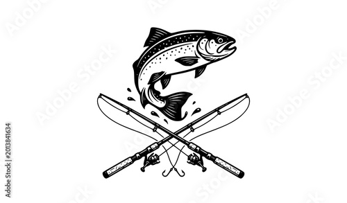 Photos Trout fish and crossed fishing rods monochrome vector illustration for fishing a