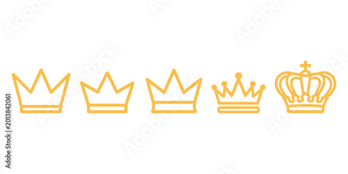 Tableau sur toile Five yellow outline crowns of varying on a white background royal symbol monarch