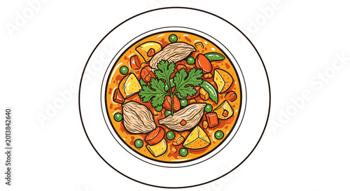 Delicious and colorful stew served on a white plate isolated on white background