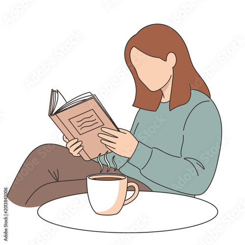 Woman reading book with coffee on table illustration for leisure concept