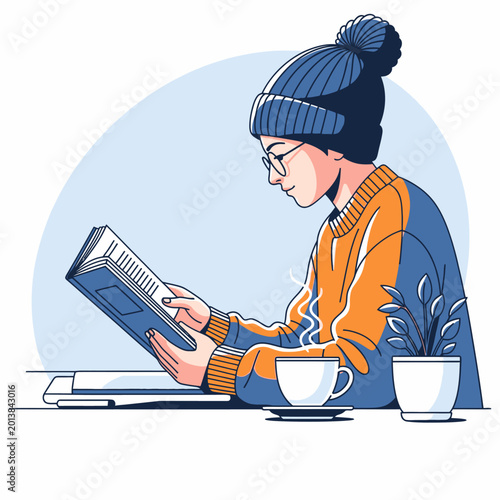 Young person reading a book with a coffee cup and small plant