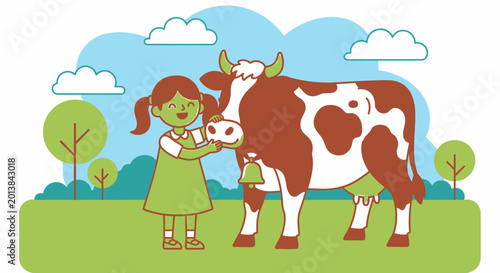 Young girl interacting with a cow in a sunny outdoor environment illustration