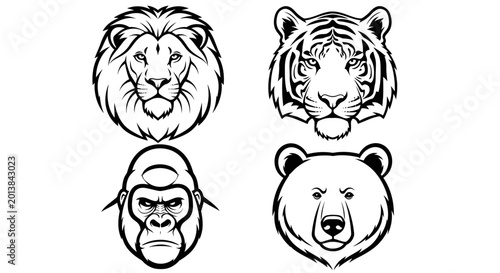 Wildlife animal head portraits lion tiger gorilla bear illustrations in black and white
