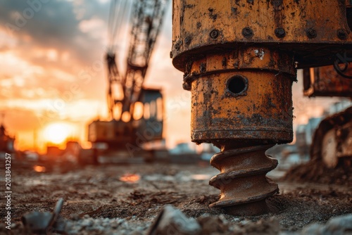 Closeup auger drilling into soil, mud and debris flying. Industrial drill bit digging. Operating heavy rig for building footings, gritty, warm backlight. Dust fill the air. Active construction work