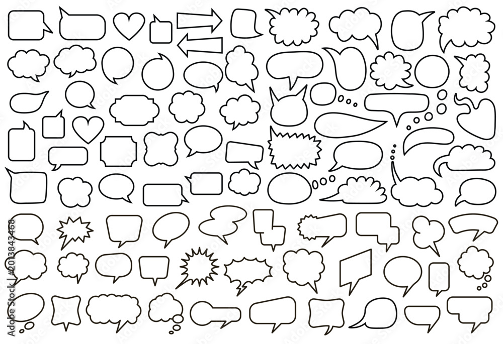 Fototapeta premium Comic speech bubbles. Dialog clouds and arrows for social media meme templates and chatbot UI designs. Hand drawn elements of contour badges. Text bubble stickers. Vector set empty thought balloons