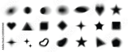 Grunge blurry black shapes. Heart and sparkle icons Y2K aesthetic, soft gradient vintage art effect. Abstract vector blots and stars for digital sticker, button or background design