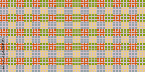 Obraz na płótnie Seamless Geometric Pixel Pattern with Orange and Green Checkered Motifs, Tileable Mosaic Textile Background for Retro Fabric Prints, Digital Scrapbooking, and Web Design Wallpaper