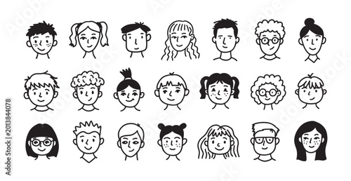 Avatar profile head for kids portrait user and avatars heads people. Person face character for children kid boy and girl teen adult. Avatar faces emoji for kids black set and portrait users outline.