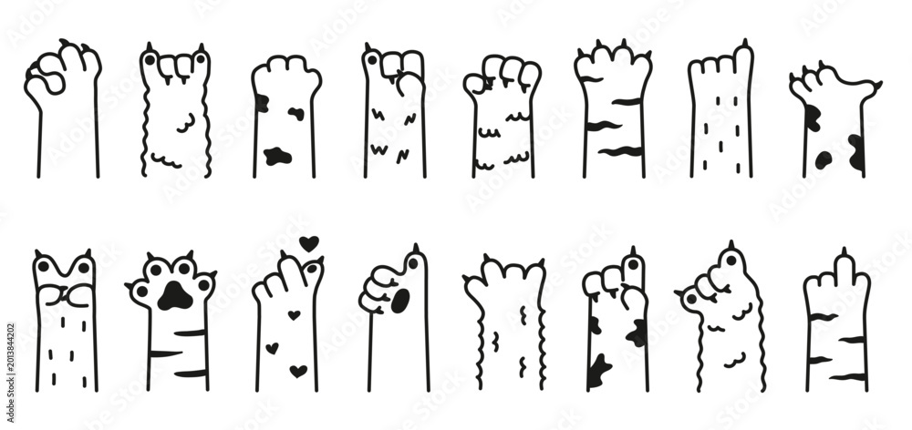 Fototapeta premium Cute cat animal paw gesture set, funny doodle hands, playful rude signs, heart poses, expressive mood. Sticker, print, emoji, social media design. Vector illustration.