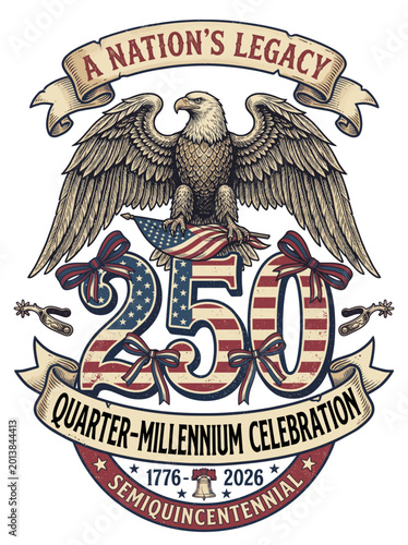 A Nation's Legacy Semiquincentennial 250 Quarter Millennium Celebration 1776 2026 Bald Eagle American Flag Liberty Bell Ribbon Banner Patriotic Vector Design Isolated on Transparent Background