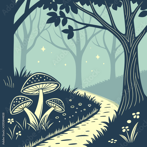 Foto Enchanted forest path lined with glowing mushrooms and small flowers at dusk enc