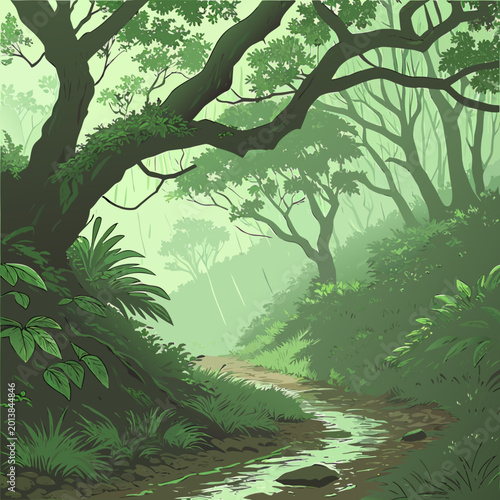 Photos Lush green forest path with flowing stream and mist lush vegetation dark green w