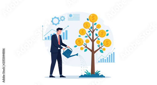 Businessman watering a money tree for financial growth and investment success illustration