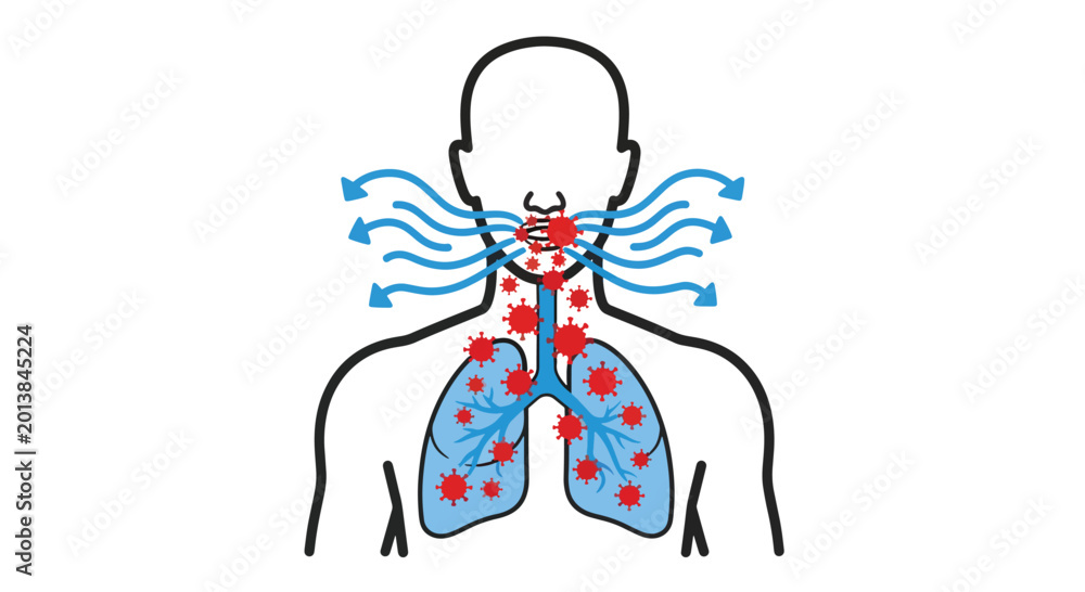Fototapeta premium Human respiratory system with virus and airflow illustration