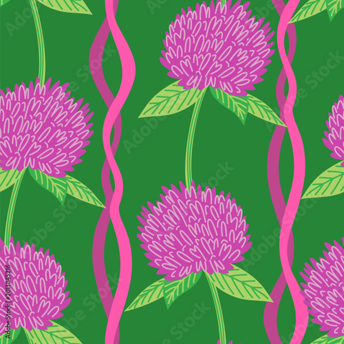 Vector seamless pattern with abstract flowers on a green background