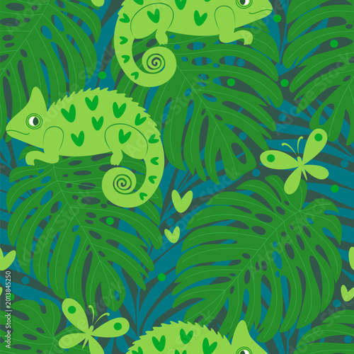 Vector seamless pattern with cute chameleons in the jungle forest