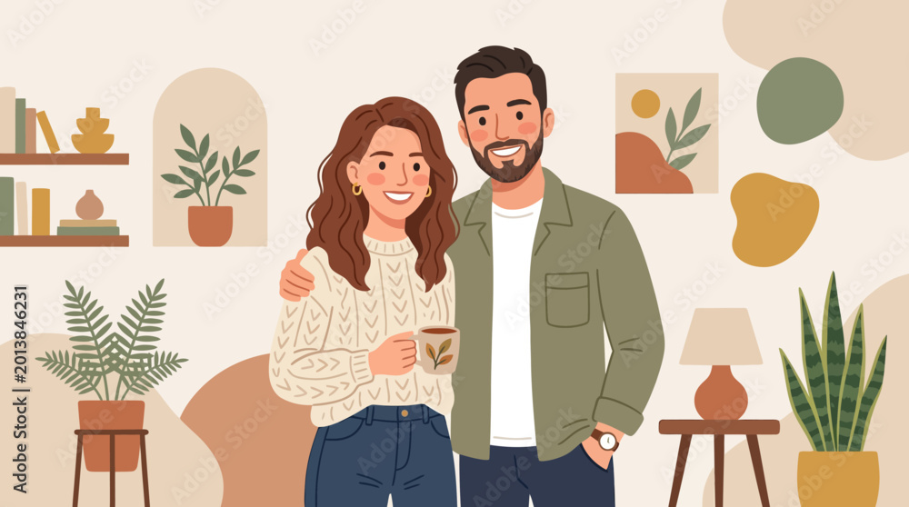 Fototapeta premium Cheerful Couple Embracing Warmly Indoors Beside Indoor Plants and Bookshelves
