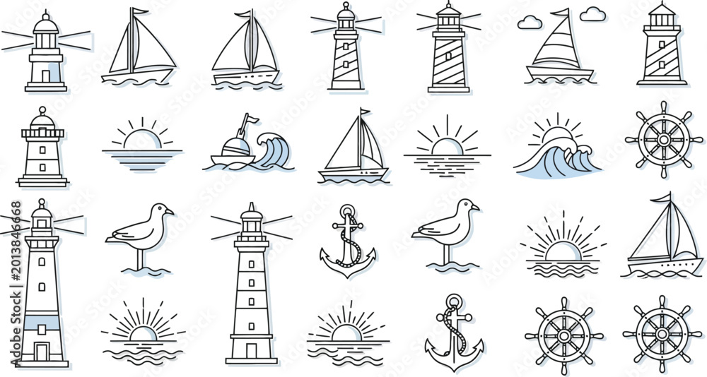 Naklejka premium Beach line art illustration set