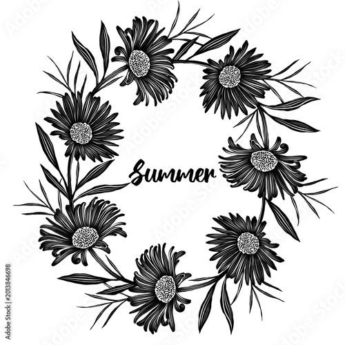 Vector black and white frame with chrysanthemum flowers and leaves