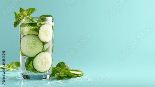 Refreshing glass of cucumber mint water on light blue background